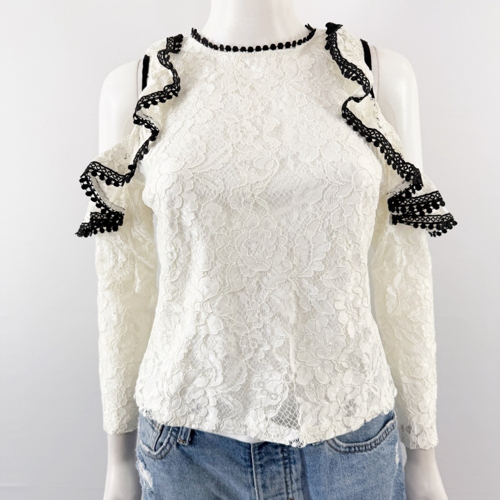 Honey & T White Lace Top Size M Cold Shoulder Long Sleeve Coquette Classy Preppy